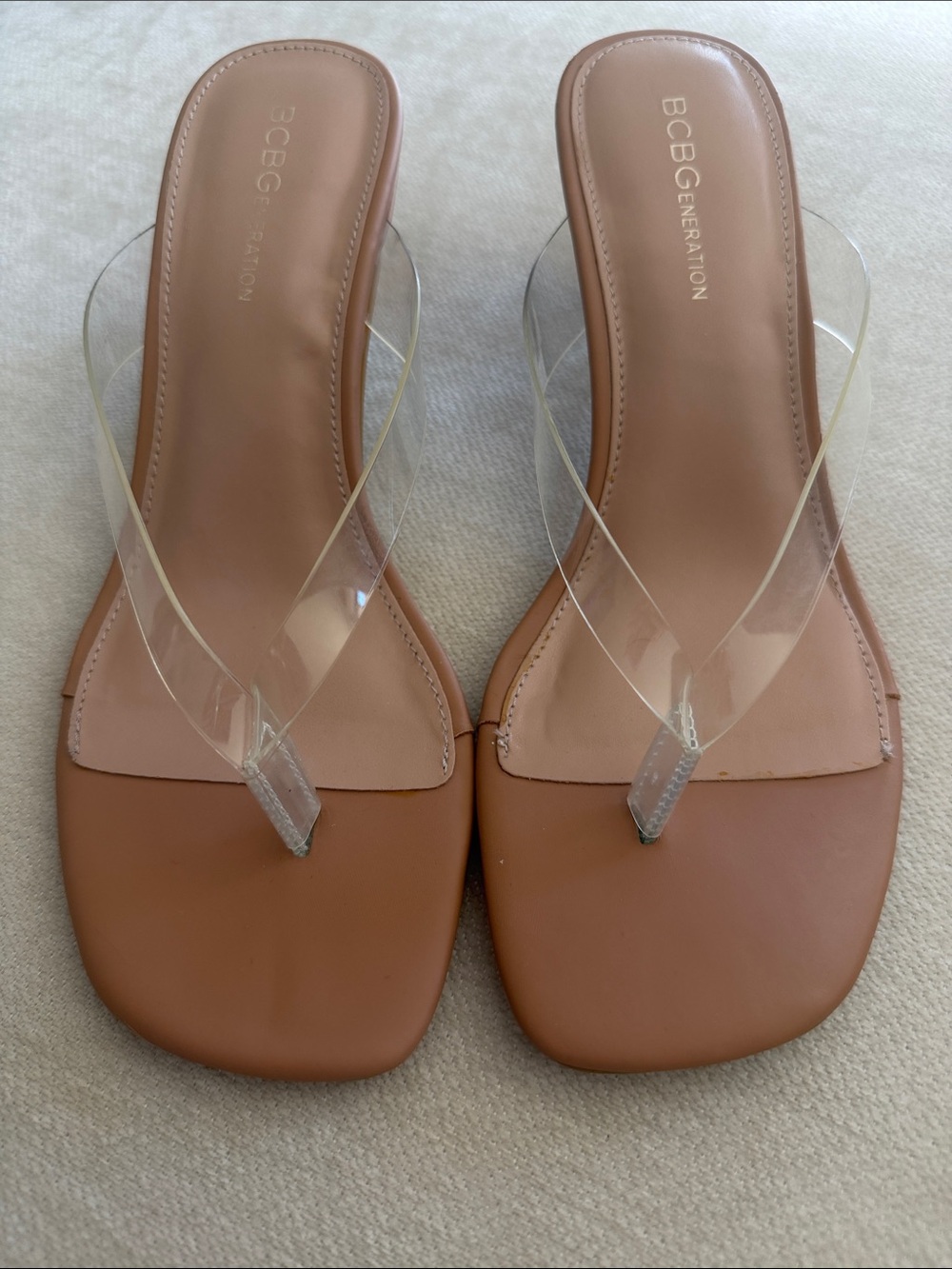 BCBGeneration Tabina Clear and Tan Kitten Heels Size 9